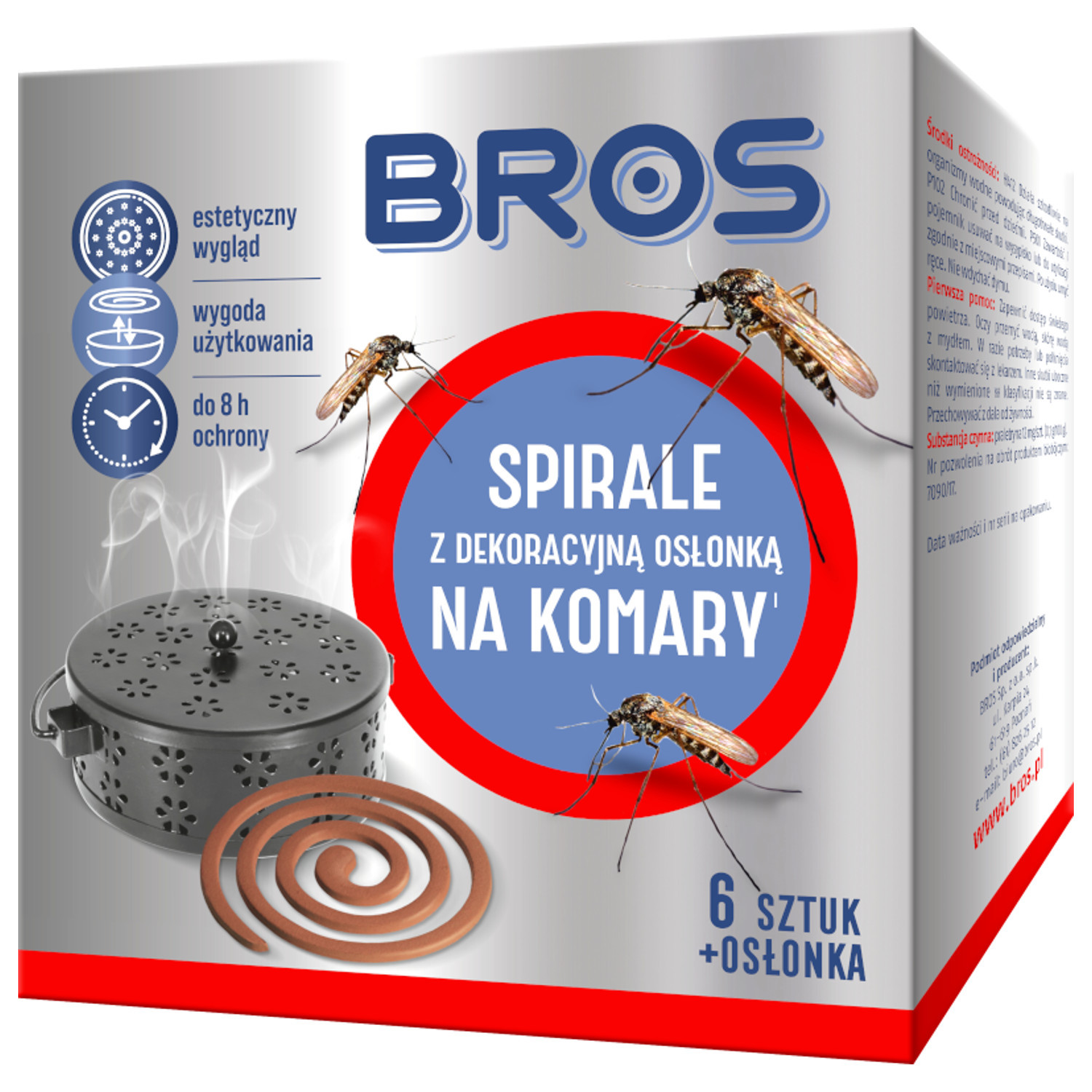 CEN-74949--Spirale do zwalczania komarów i meszek na terenach otwartych.Dekoracyjna osłonka umożliwia łatwe i bezpieczne przenoszenie żarzącej się spirali. Jedna sztuka chroni przed owadami aż do 8 h.Specyfikacja- Producent: Bros- Symbol producenta: 1980- Produ