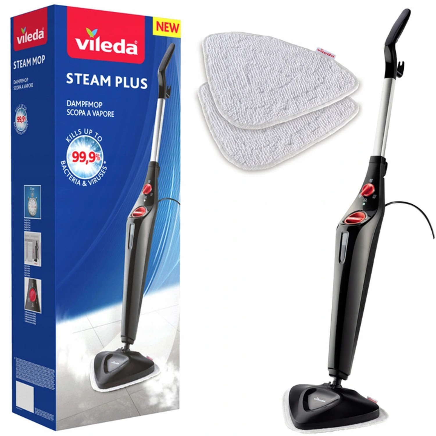 CEN-75780--Mop parowy Vileda Steam Plus - Skutecznie czyści i dezynfekuje, zabija 99,9% wirusów i bakterii!Nowy mop parowy marki Vileda pozwala skutecznie czyścić twarde podłogi i dywany bez użycia detergentów. Dzięki składanej konstrukcji jest łatwy w przechow