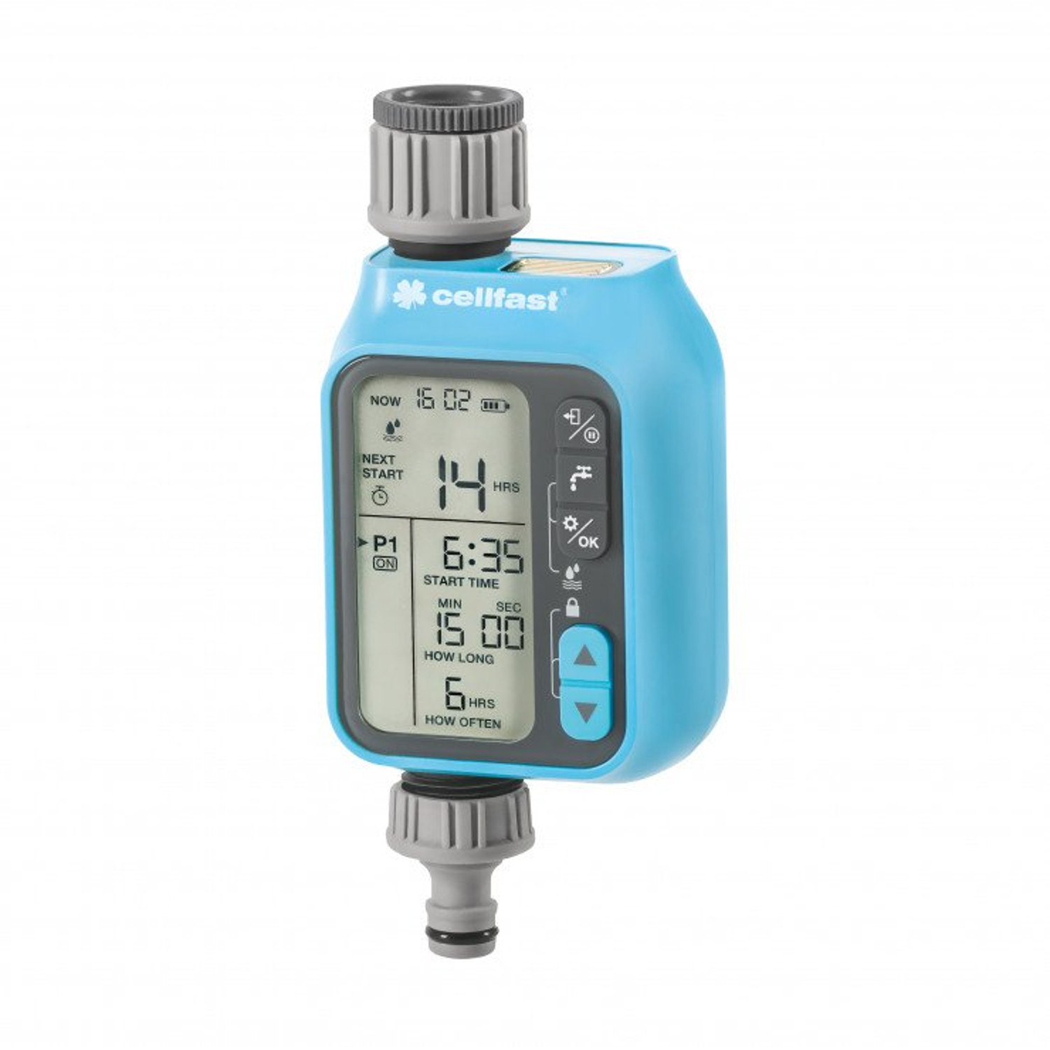 CEN-77771--Moduł sterujący Cellfast Chronos IDEAL z czytelnym wyświetlaczem ułatwiającym programowanie.Urządzenie oferuje płynne sterowanie nawadnianiem - możliwość indywidualnego zaprogramowania czasu nawadniania. Urządzenie ma szereg przydatnych funkcji: czuj