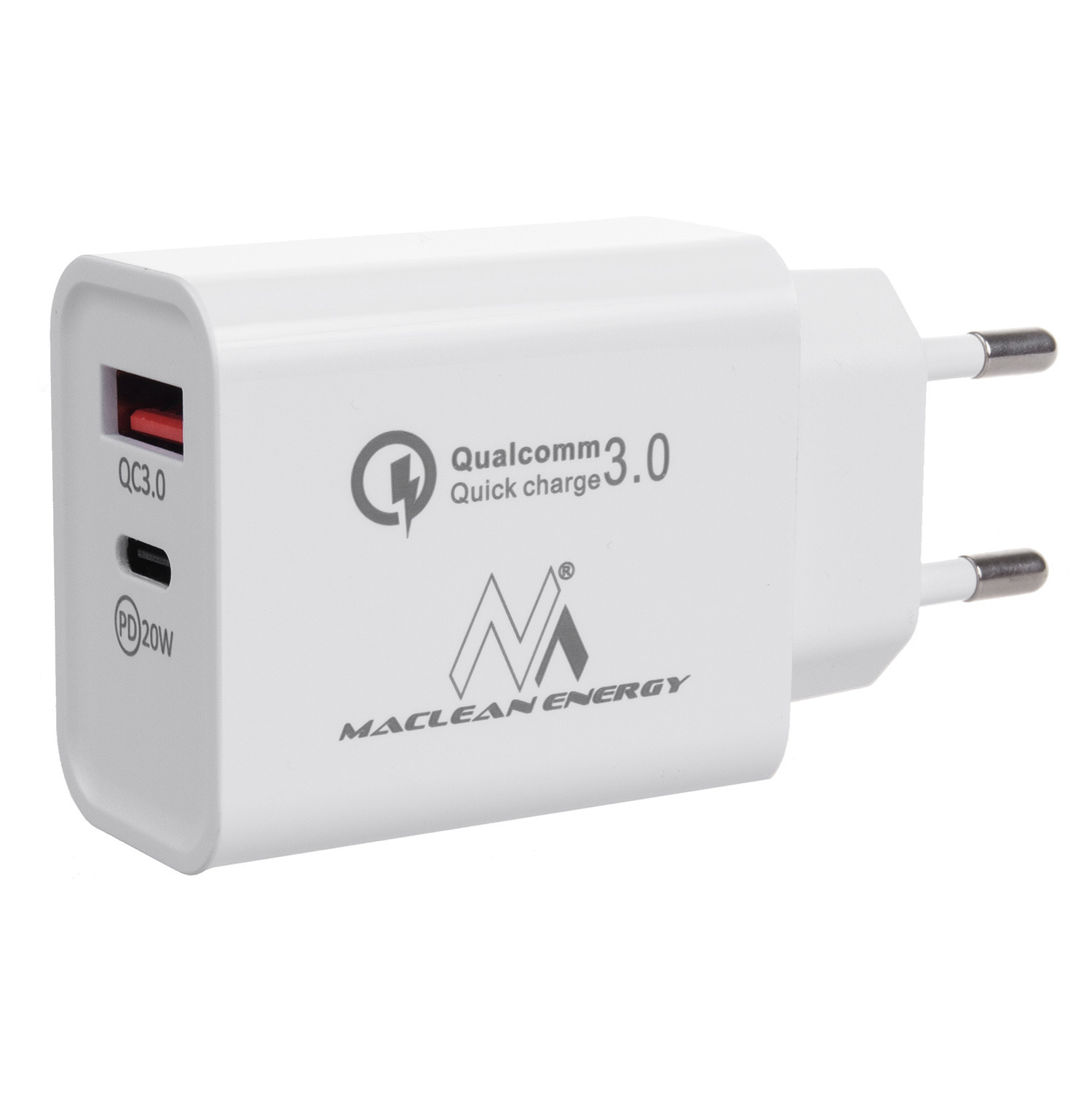 CEN-79219--Ładowarka sieciowa Maclean PD USB-C 20W, wspiera wszystkie standardy szybkiego ładowania - Quick Charge 3.0, Samsung AFC, Huawei FCP oraz Apple 2.4A. Do tego posiada gniazdo USB typu C wspierające Power Delivery 3.0! Gniazdo USB 5V/3A, 9V/2A, 12V/1.5