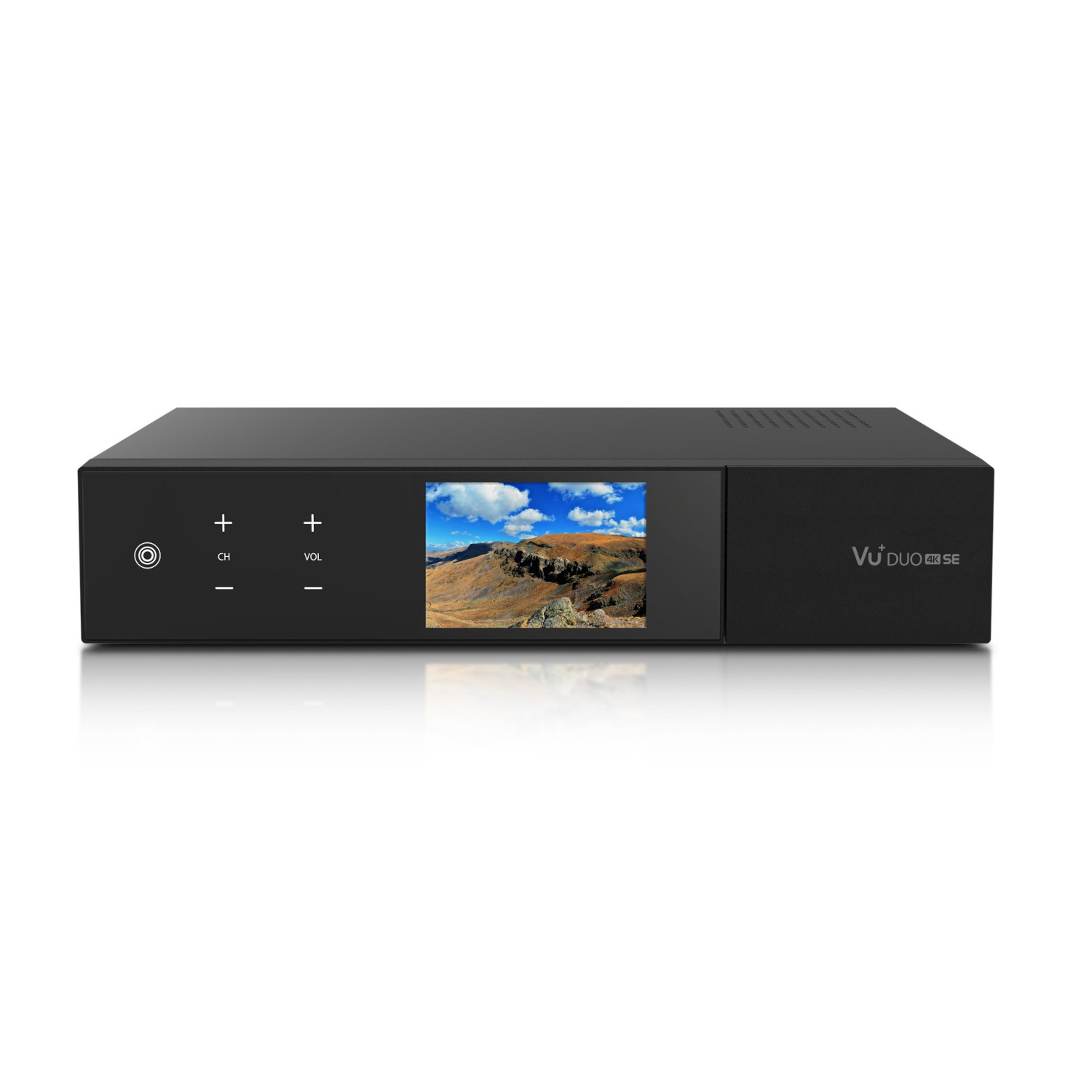 CEN-79308--Vu + DUO 4K SE jest  odbiornik 4K z rozdzielczością UHD 2180p i najnowszymi standardami obrazu dla 4K - HDR10 i HLG. Na przednim panelu się znajduje się 3,5-calowy kolorowy ekran LCD z mini telewizorem i przyciskami dotykowymi do regulacji głośności 