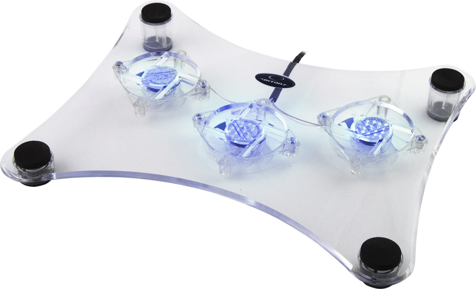 ESP-EA107--EA107 Podstawka chłodząca pod notebook 15.6 cala Levanter EsperanzaCienka, przezroczysta, nowoczesna i stylowa podkładka chłodząca pod notebooka. Posiada wbudowane 3 podświetlane, niezwykle ciche wentylatory. Usuwają one ciepło wytwarzane pod spodem 