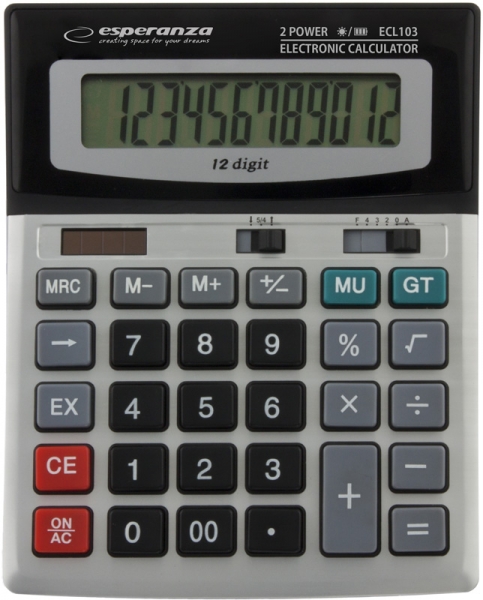 ESP-ECL103--Elektroniczny kalkulator biurkowy z dużym, 12 cyfrowym wyświetlaczem. Posiada wszystkie podstawowe funkcje matematyczne (dodawanie, odejmowanie, mnożenie, dzielenie, pierwiastkowanie, obliczanie procent&amp;oacute;w), funkcję cofania wpisywanych 