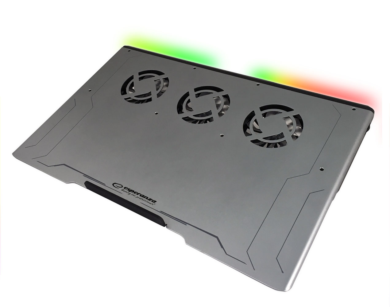 ESP-EGC108--Aluminiowa podstawka chłodząca&amp;nbsp;do notebooka z podświetleniem LED&amp;nbsp;RGB. Posiada wbudowane niezwykle ciche wentylatory. Usuwają one ciepło wytwarzane pod spodem notebooka, chłodząc go i obniżając temperaturę pracy jego podzespo