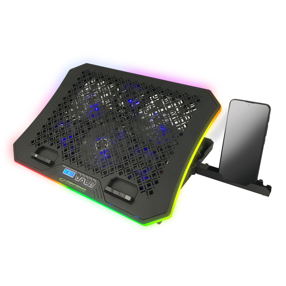 ESP-EGC109--Podstawka chłodząca z&amp;nbsp;podświetleniem&amp;nbsp;LED&amp;nbsp;RGB. Posiada wbudowane są niezwykle ciche wentylatory. Usuwają one ciepło wytwarzane pod spodem notebooka, chłodząc go i obniżając temperaturę pracy jego podzespoł&am