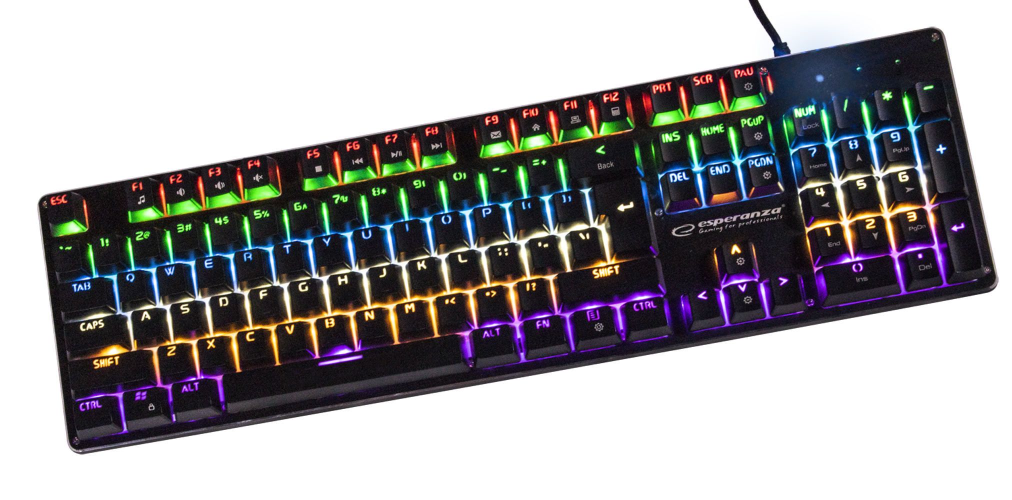 ESP-EGK801--Mechaniczna klawiatura USB z podświetleniem LED RAINBOW zaprojektowana specjalnie dla zaawansowanych graczy. Posiada niezwykle trwałe, mechaniczne przełączniki klawiszy. Metalowa płyta zapobiega wyginaniu się klawiatury, zapewnia jej dużą stabilność 