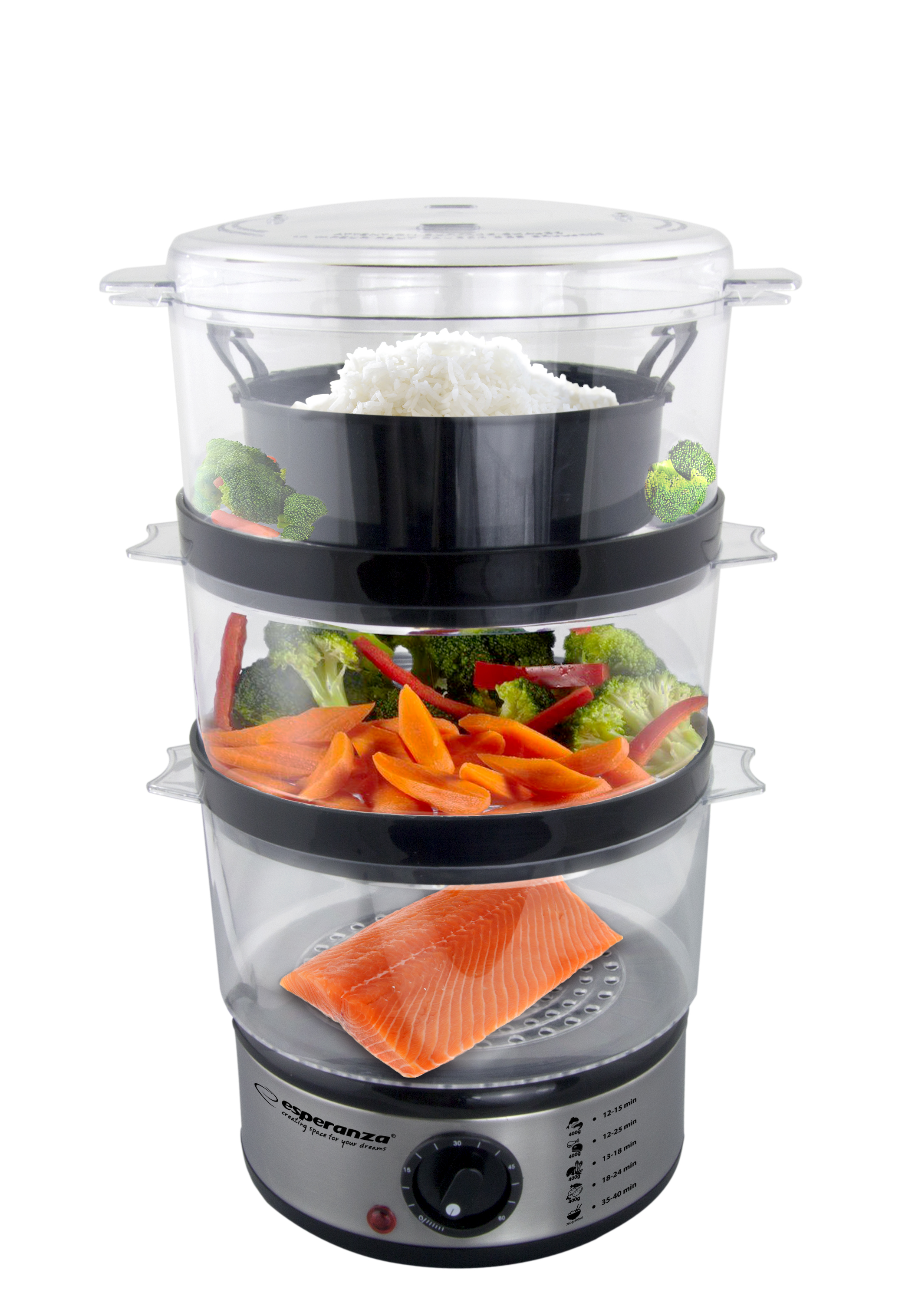 ESP-EKG009--Parowar Esperanza STEAM VOLCANO to niezastąpione urządzenie w każdej kuchni. Pozwala szybko przygotować nawet kilka dań w tym samym czasie, zachowując przy tym ich naturalny zapach i smak.W por&amp;oacute;wnaniu do dań gotowanych w wodzie posiłki