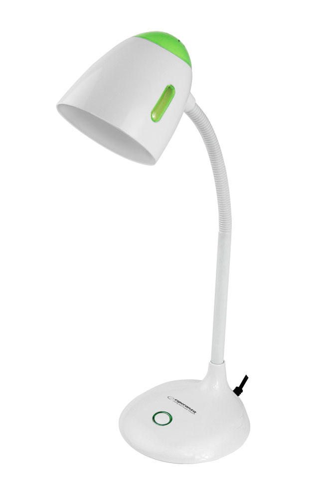 ESP-ELD110G--Lampka biurkowa z dużą, stabilną podstawką. Elastyczne ramię umożliwia ustawienie lampki pod dowolnym kątem. W lampce można instalować żar&amp;oacute;wki LED z gwintem E27 i mocą do 12W.Elastyczne ramięPrzełącznik włącz/wyłączGwint: E27Moc żar&am