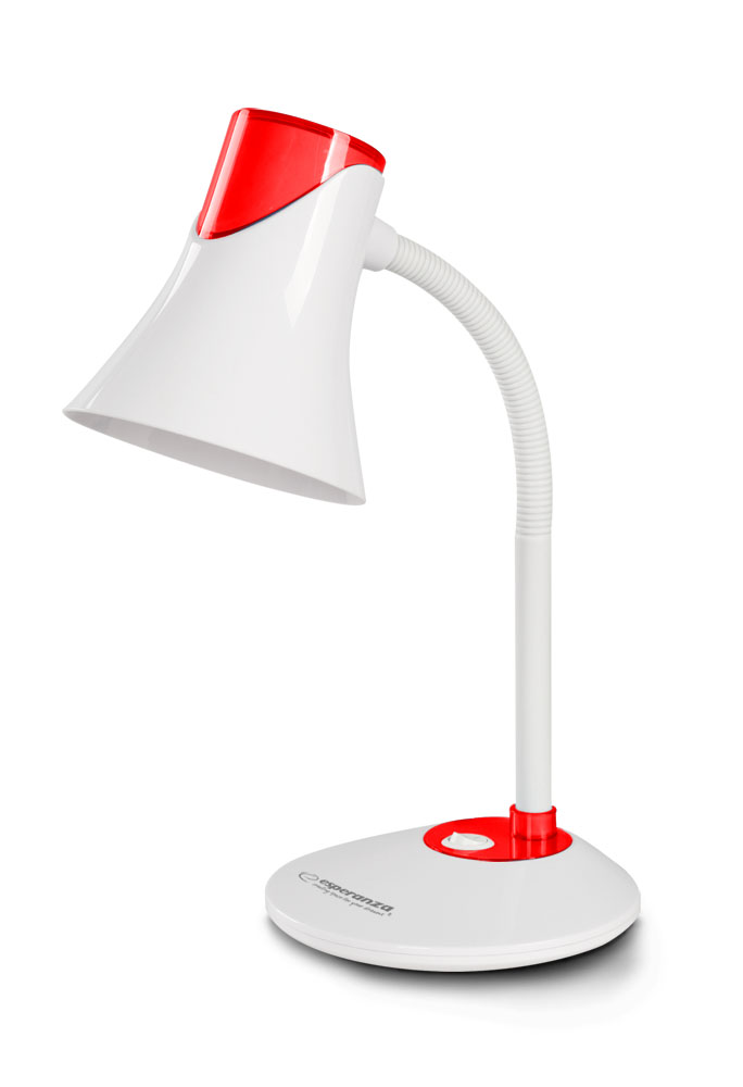 ESP-ELD111R--Lampka biurkowa z dużą, stabilną podstawką. Elastyczne ramię umożliwia ustawienie lampki pod dowolnym kątem. W lampce można instalować żar&amp;oacute;wki LED z gwintem E27 i mocą do 12W.Elastyczne ramięPrzełącznik włącz/wyłączGwint: E27Moc żar&am