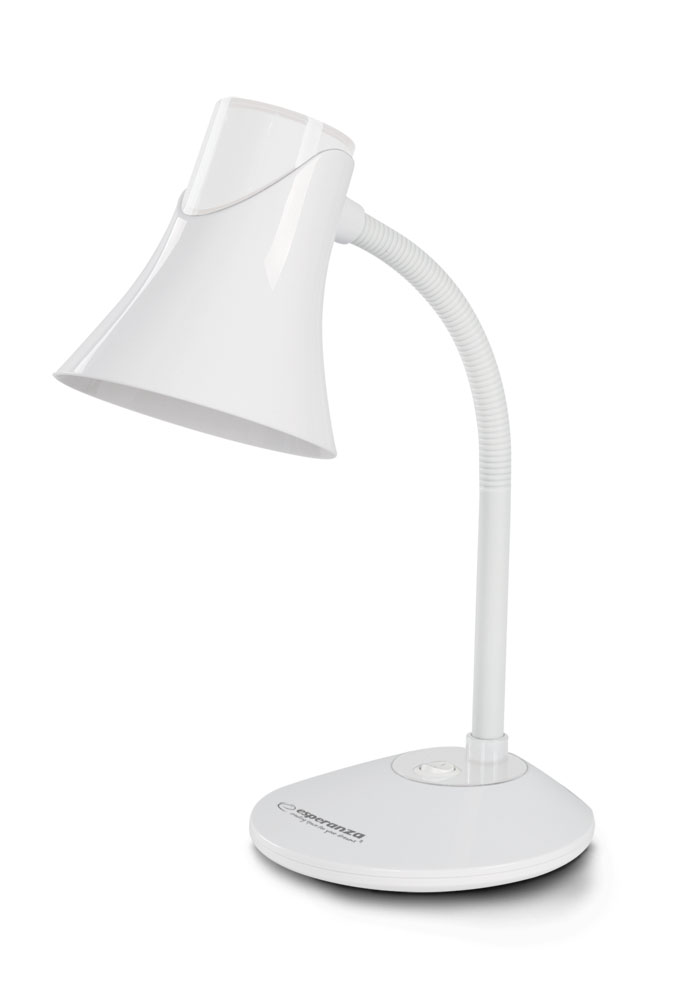 ESP-ELD111W--Lampka biurkowa z dużą, stabilną podstawką. Elastyczne ramię umożliwia ustawienie lampki pod dowolnym kątem. W lampce można instalować żar&amp;oacute;wki LED z gwintem E27 i mocą do 12W.Elastyczne ramięPrzełącznik włącz/wyłączGwint: E27Moc żar&am