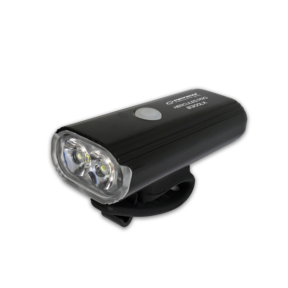 ESP-EOT065--Profesjonalna, wodoszczelna lampka rowerowa Esperanza HERCULES PRO 8300 LX posiada dwie mocne białe diody LED typu CREE T6, emitujące silne światło o mocy 8300 lx w trybie MAX. Super mocne światło r&amp;oacute;wnomiernie doświetli drogę w odległo