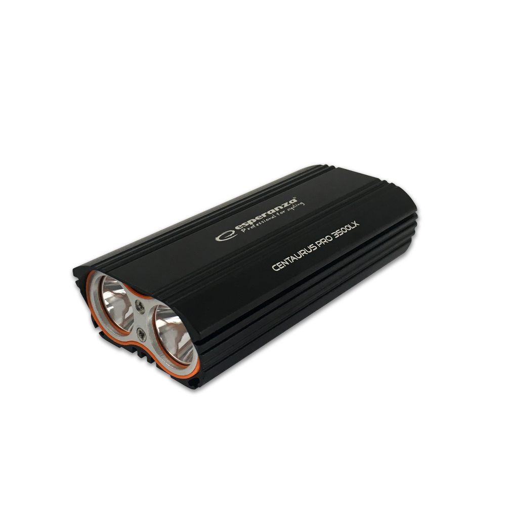 ESP-EOT066--Profesjonalna, wodoszczelna lampka rowerowa Esperanza CENTAURUS PRO 3500 LX posiada dwie mocne białe diody LED typu CREE T6, emitujące silne światło o mocy 3500 lx w trybie MAX. Super mocne światło r&amp;oacute;wnomiernie doświetli drogę w odległ