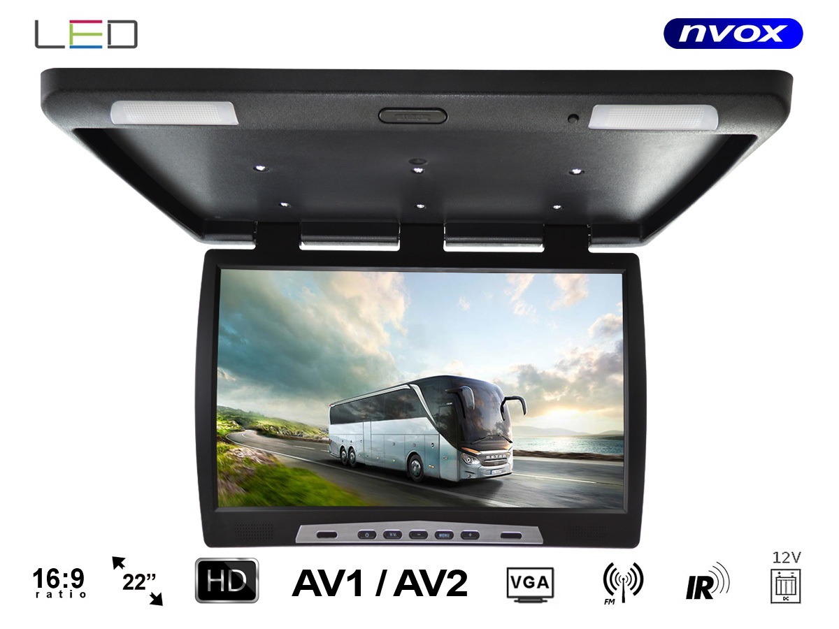 NVOX RF 2289 IR VGA BL--- obsługa dwóch źródeł obrazu video AV1/AV2- nadajnik transmiter FM do bezprzewodowego podłączenia do radioodtwarzacza w samochodzie- nadajnik IR do bezprzewodowych słuchawek- najsolidniejsze metalowe zawiasy wśród ciężkich monitorów 22cali powodują 