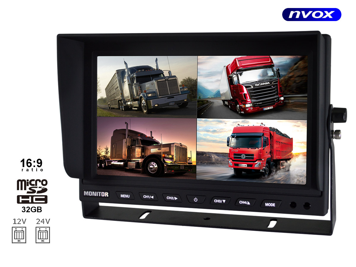 NVOX HM950DVR QUAD--- obsługa do 4 kamer 4PIN (dostępne w ofercie)- funkcja rejestratora trasy- możliwość nagrywania obrazu z dowolnej podłączonej kamery- możliwość montażu na uchwycie przy zagłówku lub na podstawce- może być używany do monitoringu- odtwarzanie nagranyc