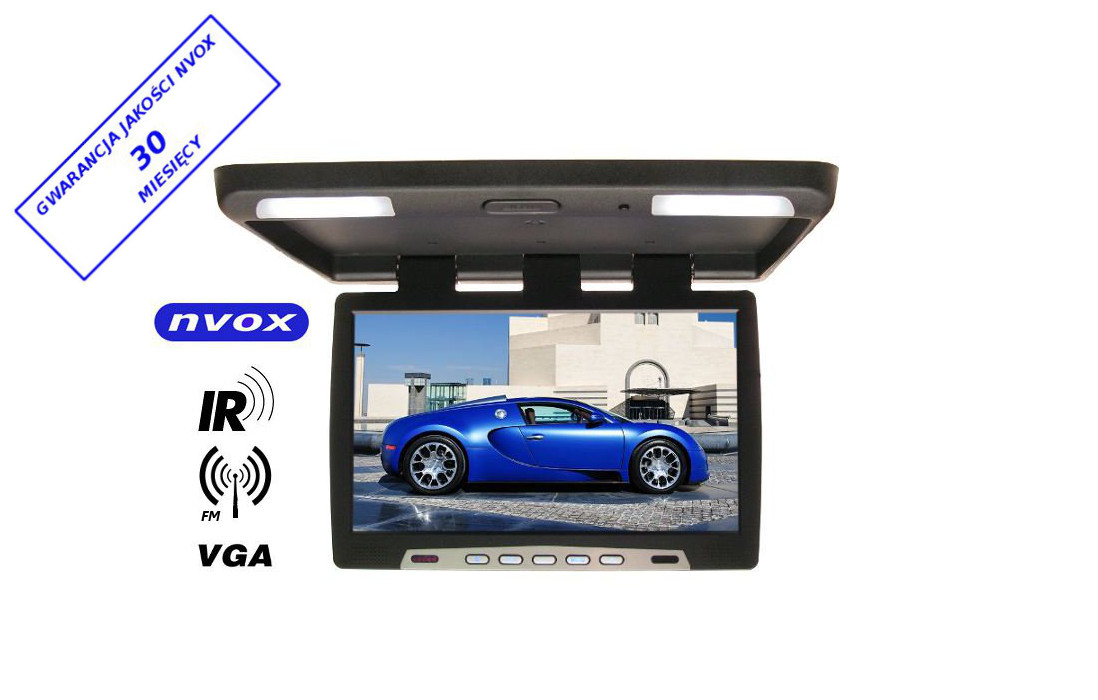 NVOX RF 2289 IR VGA BL 24V--- obsługa dwóch źródeł obrazu video AV1/AV2- nadajnik transmiter FM do bezprzewodowego podłączenia do radioodtwarzacza w samochodzie- nadajnik IR do bezprzewodowych słuchawek- najsolidniejsze metalowe zawiasy wśród ciężkich monitorów 22cali powodują 