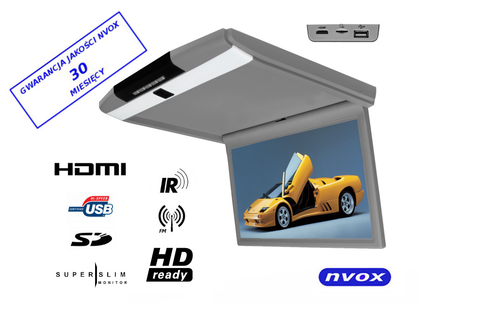 NVOX RF156HDMI GR--- SUPER SLIM - najcieńszy monitor na rynku- rozdzielczość FULL HD- markowa matryca w technologii GLARE- obsługa dwóch źródeł obrazu AV1/AV2- wbudowane głośniki- wysoka jakość wykonania- wbudowane złącza USB SD - pozwalają na odtwarzanie filmów, muzyk