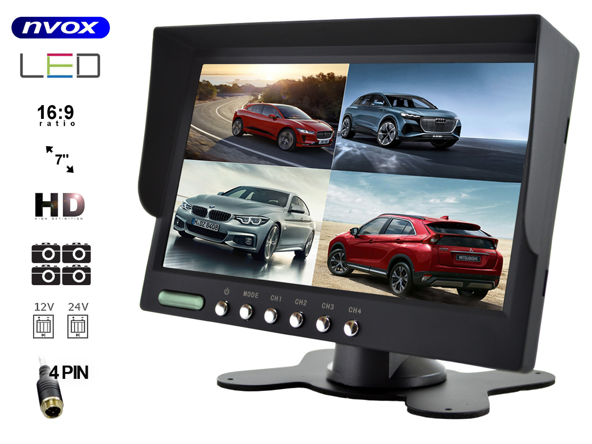 NVOX HM740HD QUAD 4PIN--- markowa matryca o podwyższonej rozdzielczości HD- obsługa do 4 kamer 4PIN QUAD (dostępne w ofercie)- możliwość montażu na uchwycie przy zagłówku lub na podstawce- może być używany do monitoringu (w komplecie podstawka)- funkcja auto włączania po ot