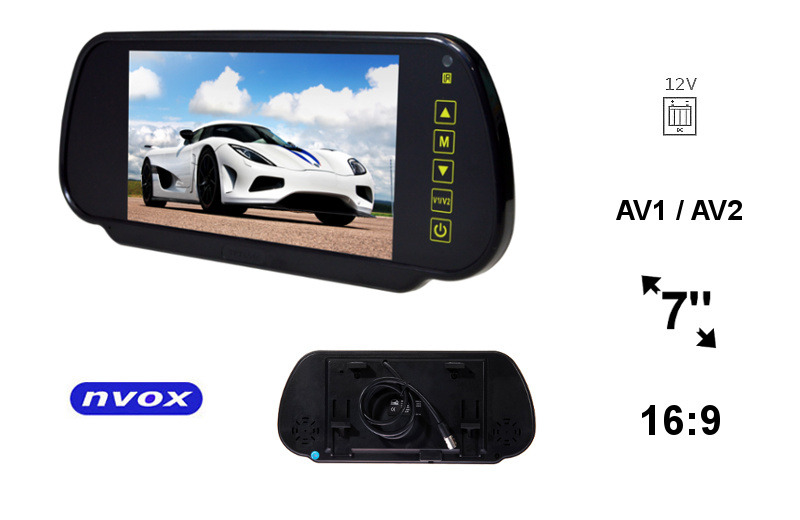 NVOX NW701M--- obsługa 2 urządzeń AV (AV1/AV2)- w pełni funkcjonalne lusterko wsteczne- funkcja auto włączania po otrzymaniu napięcia na dodatkowym przewodzie DC 12V- dotykowe przyciski- szybki oraz łatwy montaż- regulowany rozstaw uchwytu- idealny do podłączenia