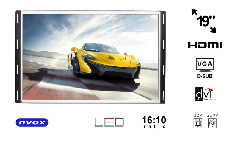NVOX OP1900VH--- markowa matryca Digital LED Hi-Contrast o podwyższonej jasności, kontraście oraz ostrości- zwiększona czytelność ekranu w słońcu- zaawansowany wysokoprzepuszczalny filtr kolorów- specjalna ramka pozwala dowolnie zabudować monitor- solidna metalowa 