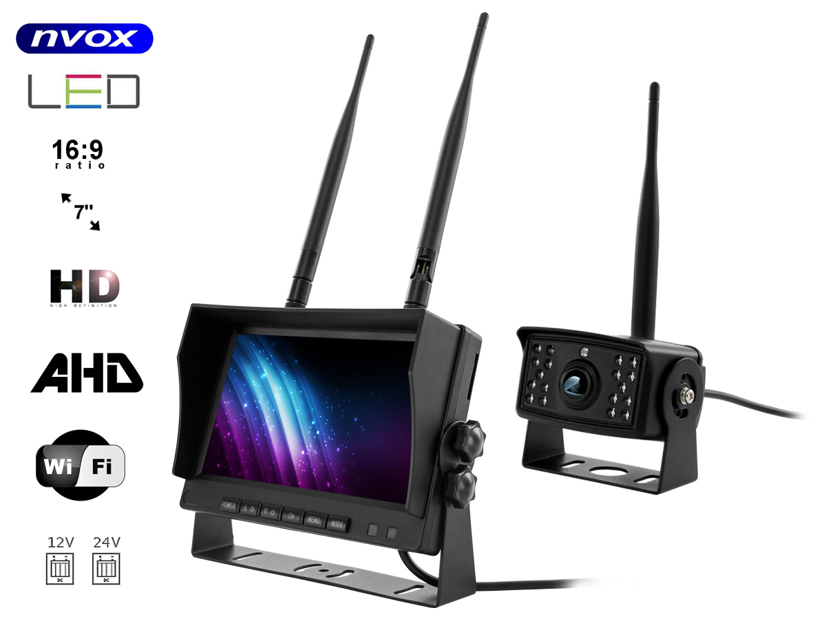 NVOX HM712W--- markowa matryca Digital HD LED - obsługa 2 kamer bezprzewodowych (2.4G)- obsługa 2 kamer przewodowych 4PIN (dostępne w ofercie)- zdejmowalna osłona przeciwsłoneczna zapewnia lepszą widoczność w słoneczne dni - możliwość montażu na uchwycie przy zag