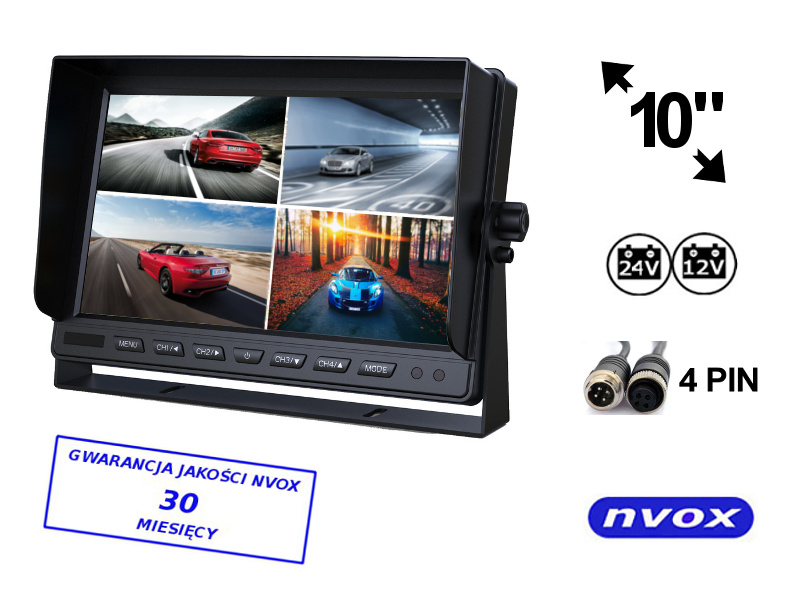 NVOX HM1000--- markowa matryca o wysokiej rozdzielczosci HD 800 x 480- zdejmowalna osłona przeciwsłoneczna- obsługa do 4 kamer 4PIN (dostępne w ofercie)- możliwość montażu na uchwycie przy zagłówku lub na podstawce- może być używany do monitoringu (w komplecie po
