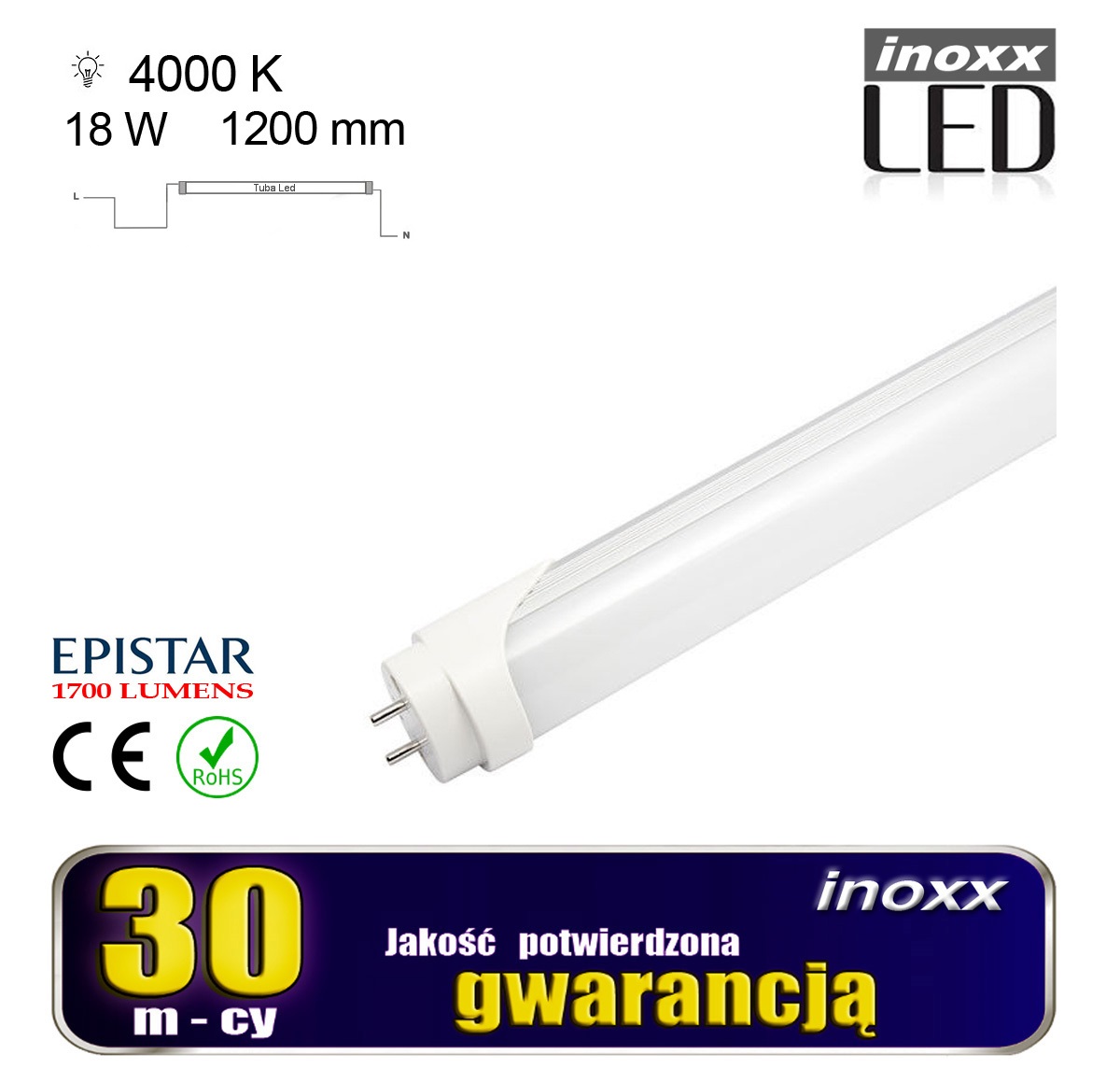 INOXX 120T8K4000 AL MI FS--świetlówka LED T8 wykonana z wysokiej jakości poliwęglanu i aluminium, z wysokowydajnymi diodami LED SMD 2835 marki Epistarduża odporność na uszkodzenia w przeciwieństwie do świetlówek szklanych dzięki aluminiowej obudowie świetlówka lepiej oddaje ci