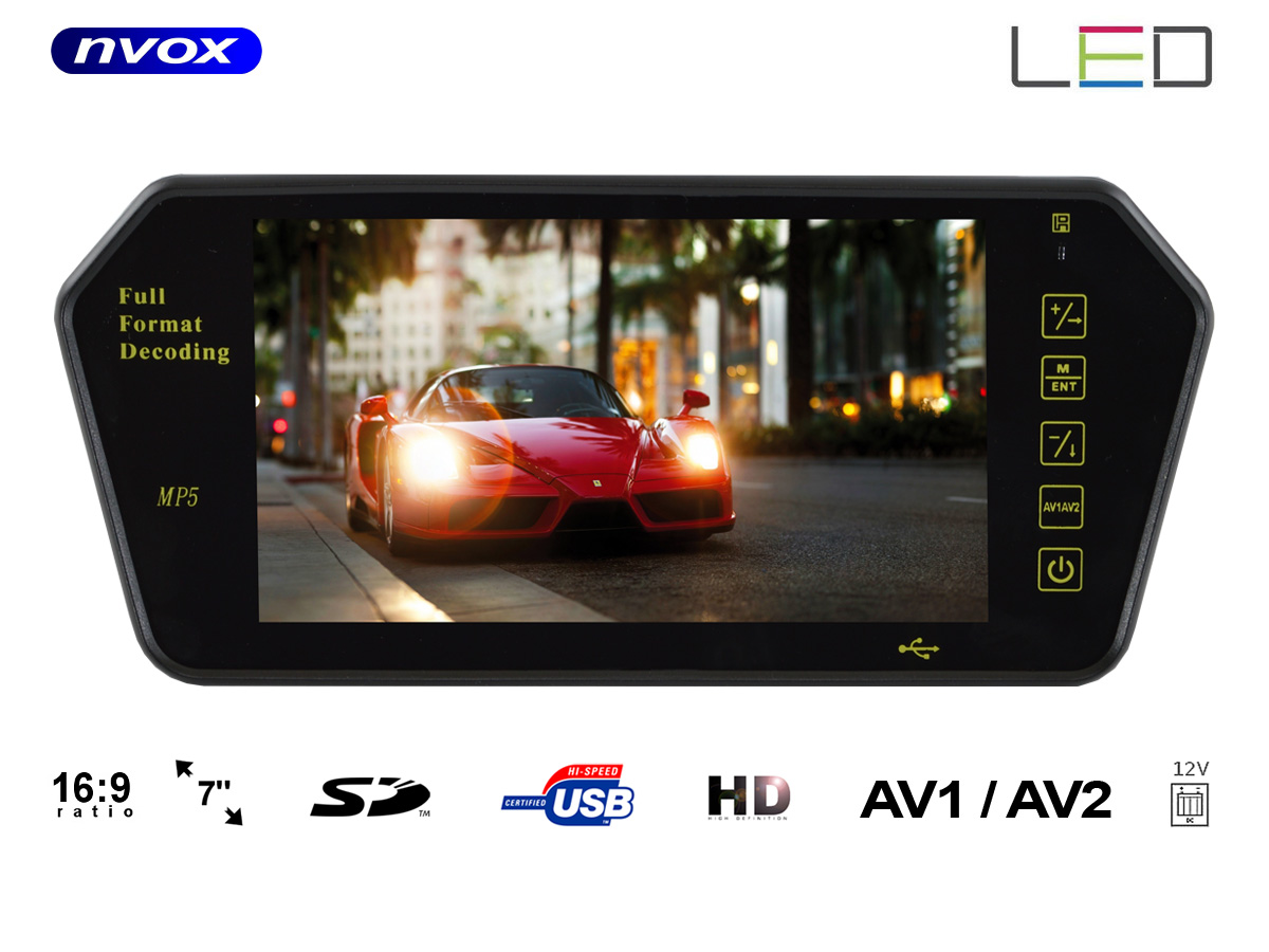 NVOX NW701MP5--- obsługa 2 urządzeń AV (AV1/AV2)- funkcja auto włączania po otrzymaniu napięcia (on/off)- dotykowe przyciski- funkcja wygaszania ekranu: 10s/30s/60s/90s/off- szybki oraz łatwy montaż- regulowany rozstaw uchwytu- idealny do podłączenia kamery cofania