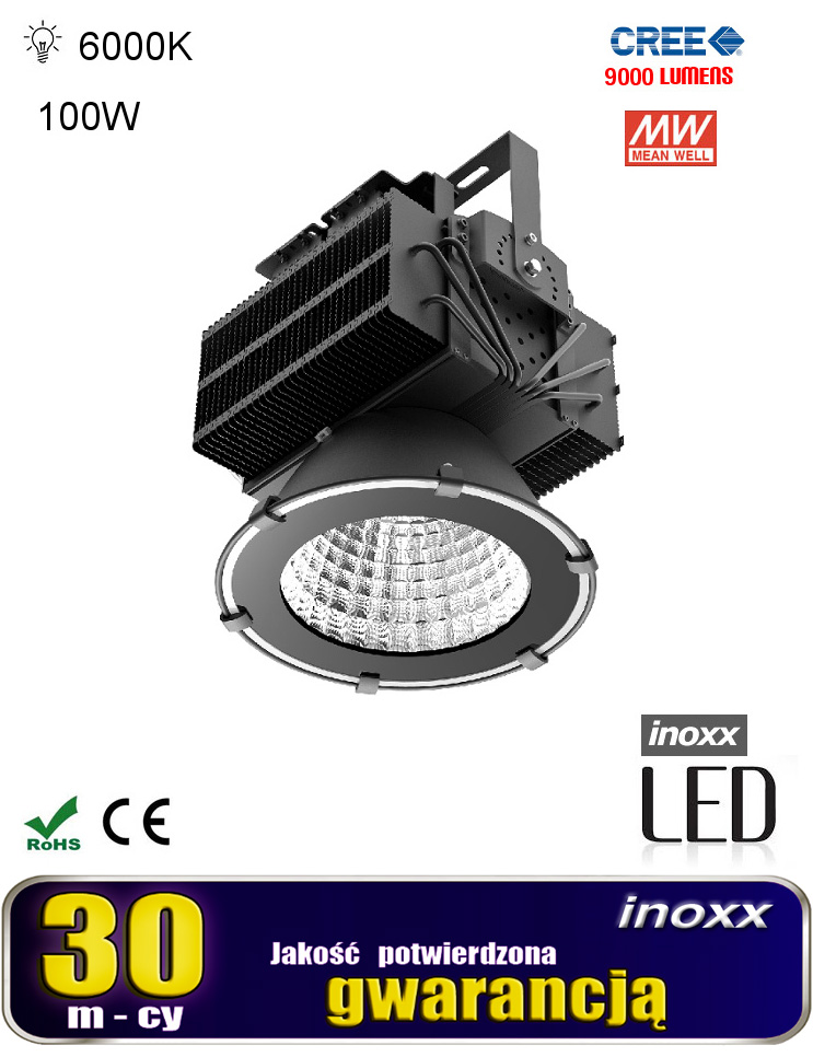 INOXX HB-100W 6000K MEAN CRE FS--Wysokiej klasy lampa przemysłowa High Bay na podzespołach renomowanych producentów: Meanwell (zasilacz) i CREE (diody).Uniwersalne zastosowanie zarówno jako lampa wisząca jak i naświetlacz montowany z dołu do podświetlania obiektu.Możliwość regulacji