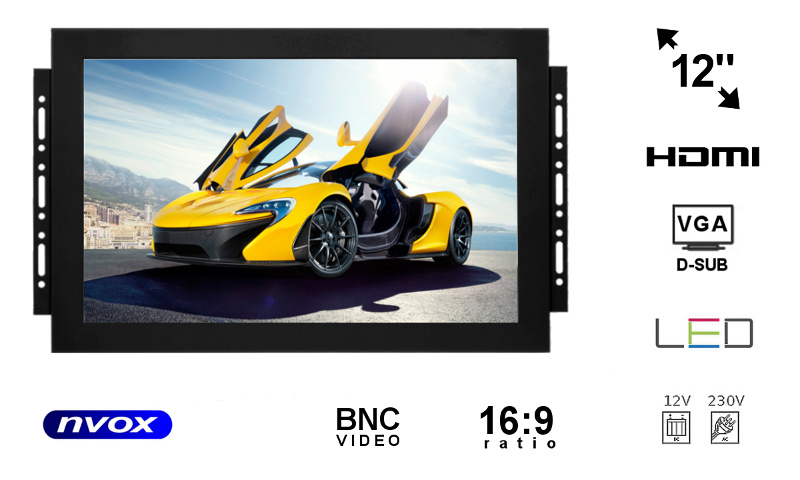 NVOX OP1211 VGA--- markowa matryca LED 12,1 cala- najwyższy kontrast oraz jasność LED- bardzo dobre kąty widzenia- solidna metalowa obudowa- blaszki montażowe pozwalające dowolnie zabudować monitor- zwiększona czytelność ekranu w słońcu- wejście VGA- wejście HDMI- we