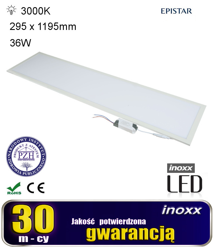 INOXX PAN36W120/30 3000K FS--nowoczesny panel ledowy typu slim w białej ramce, do zabudowy podtynkowejrównomiernie rozprasza światło na całej powierzchni (brak ciemnych punktów i widocznych diod)bardzo łatwy montaż i podłączenie (zasilacz i okablowanie na wtyk w zestawie)współpr