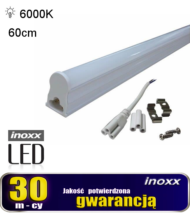 INOXX 60T5K6000 FS--świetlówka LED T5 z oprawą, to zintegrowana lampa gotowa do powieszenia na suficie lub pod szafkami możliwość łączenia wielu świetlówek w jeden strumień światła liniowego, za pomocą łącznika dodanego do zestawu bardzo prosty montaż za pomocą uchwytów