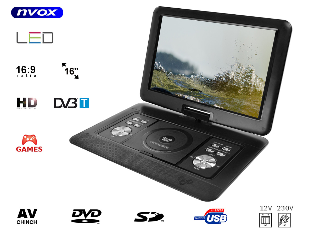 NVOX PD1640DVT--- markowa matryca Digital LED LCD Hi-Contrast o podwyższonej jasności, kontraście oraz ostrości- wbudowany tuner cyfrowy DVB-T/T2 H265 HEVC MPEG-4/2- obsługa formatów: DVD / Divx / R-RW / VCD / SVCD / AVI / RMVB / CD / MP3 / JPEG / WMA- wbudowany por