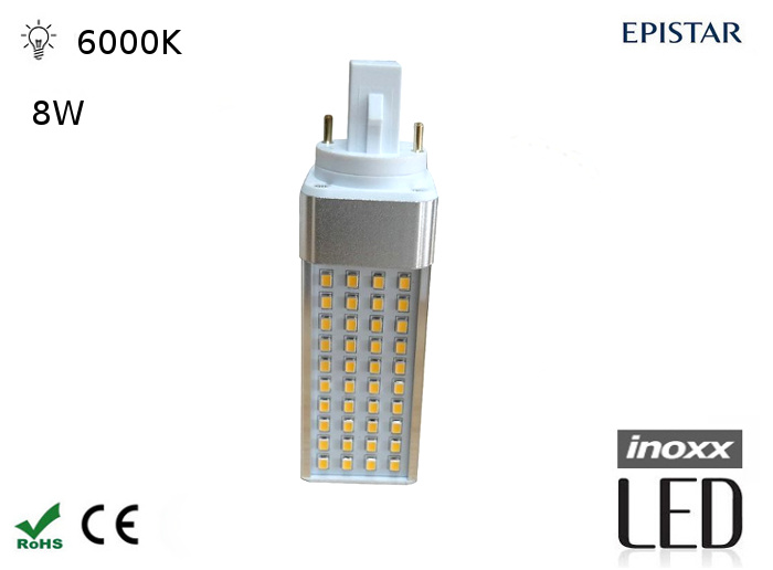 INOXX G24-8W 6000K FST--świetlówka LED z gniazdem G24 2-pinowym z markowymi diodami LED SMD marki Epistarbardzo mocna, odpowiednik tradycyjnej żarówki o mocy 60Wbardzo jasna 720lm i wydajna na aż 90 lm/Wmożliwość dowolnej regulacji padania strumienia świetlnego, obrotowy tr
