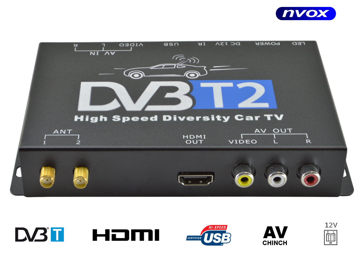 NVOX DVB221HD--- SUPER SLIM - niewielkie gabaryty czynią go najmniejszym tunerem samochodowym dostępnym na rynku- najlepszy tuner samochodowy do obioru telewizji cyfrowej podczas jazdy- 2 aktywne i bardzo czułe anteny, które zapewniają doskonały odbiór (+5V)- sygna