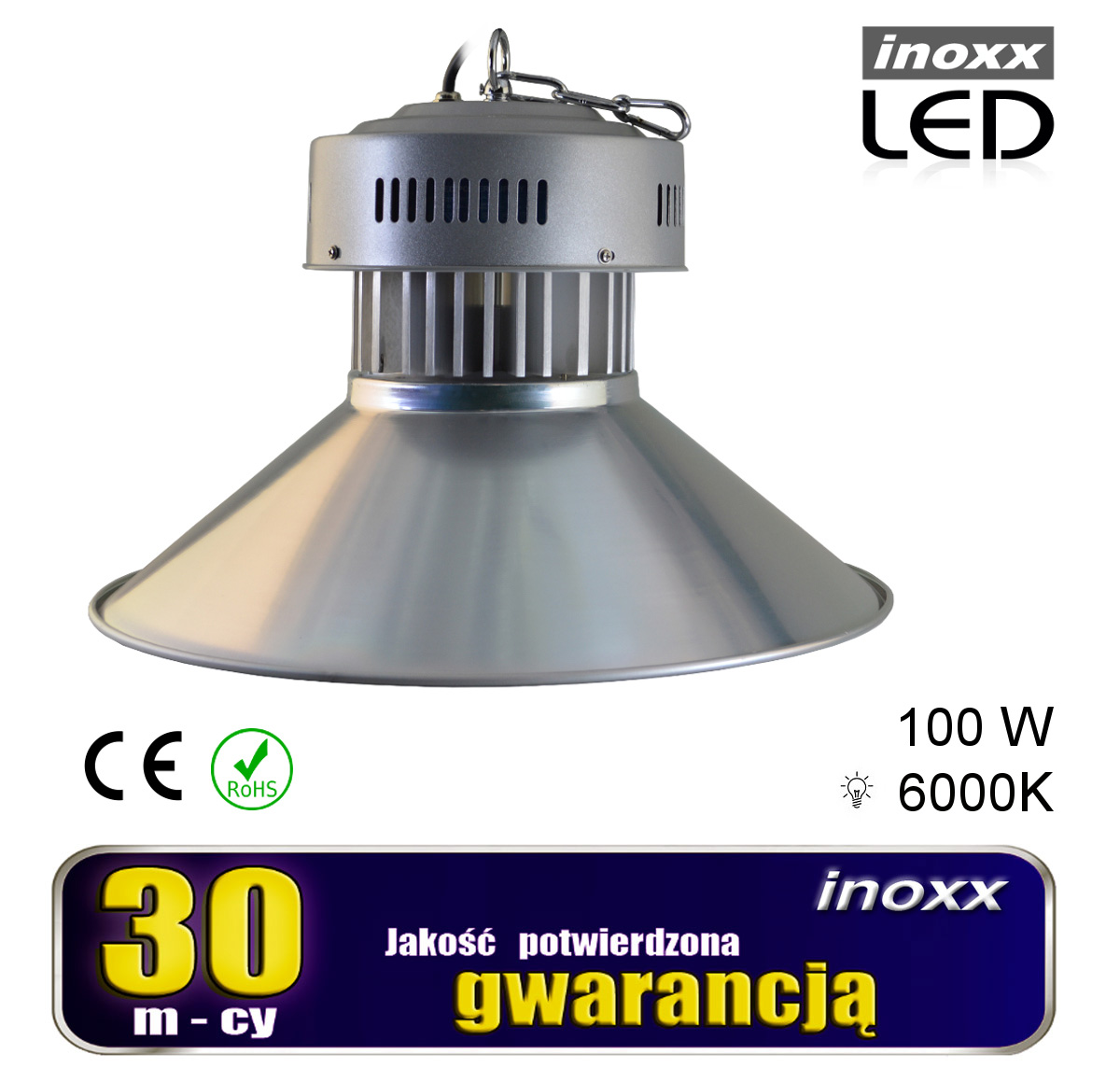 INOXX HB100W 6000K CE FS--lampa przemysłowa z  nowoczesną wysokowydajną diodą COBbardzo solidna, masywna i wytrzymała, odporna na uszkodzenia dzięki metalowej obudowiebardzo wydajna lampa, ma aż 10 000 lumenów i potrafi oświetlić aż 40m2bardzo łatwy montaż zawieszenia na łańc