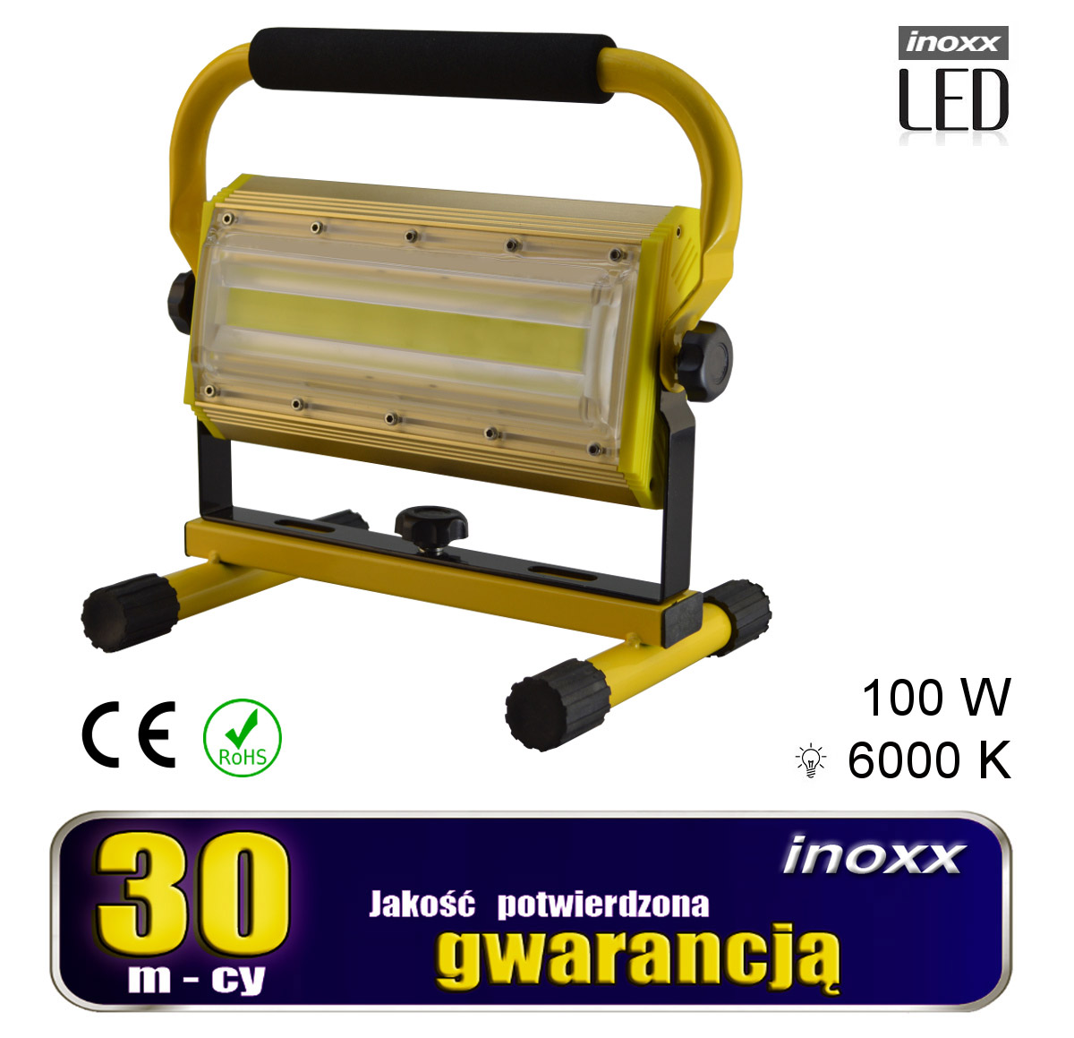 INOXX FL 100W 6000K ACU FS--diody LED COB - nowocześniejsze, trwalsze (do 50 000 godz.) i mocniejsze niż SMDlepsza ładowarka od konkurencyjnych - sygnalizuje naładowanie i nie przeładowuje akumulatorówmetalowy korpus i pogrubiona poliwęglanowa szybka gwarantują odporność na usz