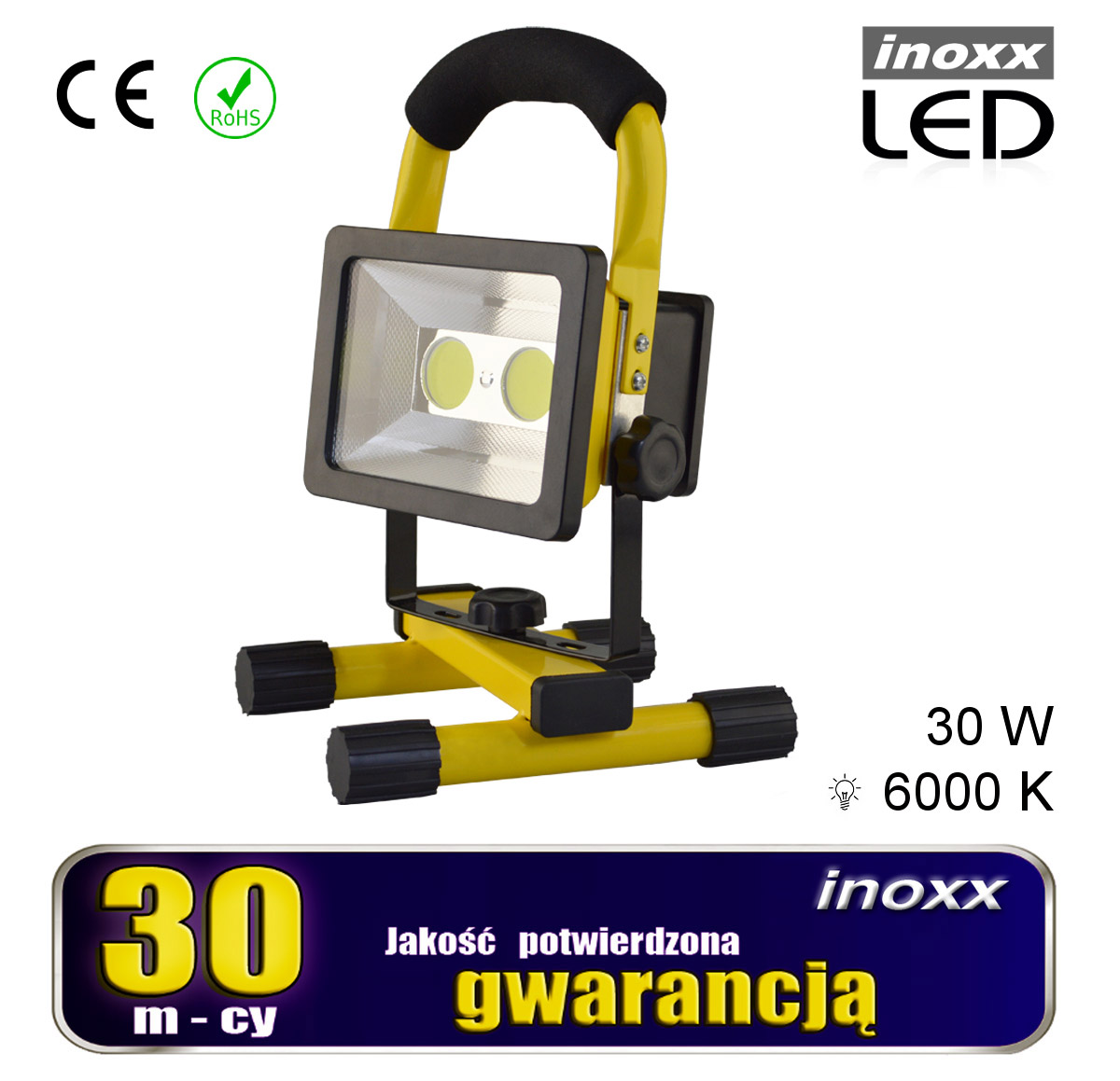 INOXX FL 30W 6000K ACU FS--diody LED COB - nowocześniejsze, trwalsze (do 50 000 godz.) i mocniejsze niż SMDbarwa światła 5800K najbliższa barwie światła dziennego o strumieniu aż 2400 lumenówlepsza ładowarka od konkurencyjnych - sygnalizuje naładowanie i nie przeładowuje akumu