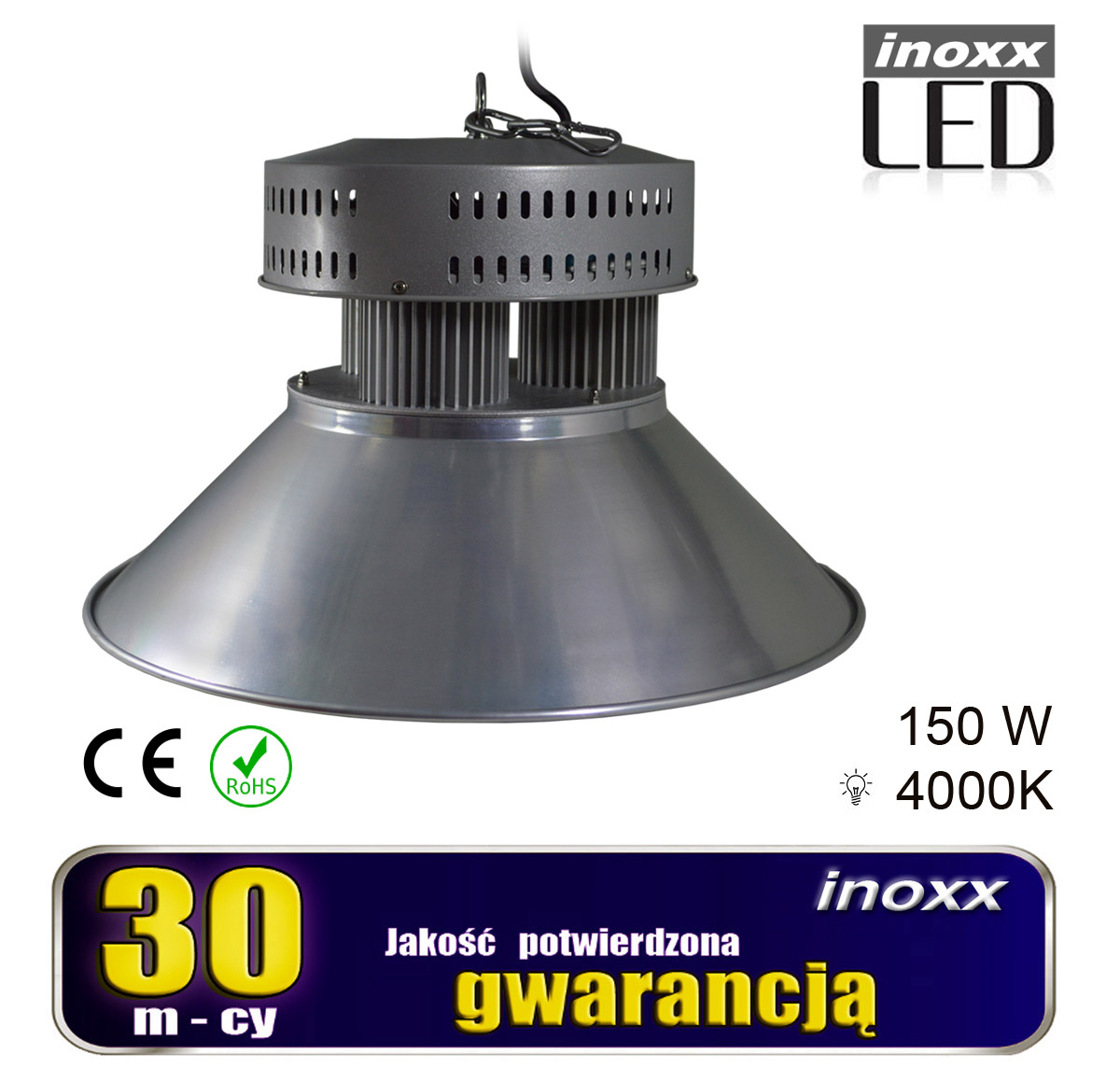 INOXX HB150W 4000K CE FS--lampa przemysłowa z trzema nowoczesnymi wysokowydajnymi diodami COBbardzo solidna, masywna i wytrzymała, odporna na uszkodzenia dzięki metalowej obudowiebardzo wydajna lampa, ma aż 13 500 lumenów i potrafi oświetlić aż 40m2bardzo łatwy montaż zawiesz
