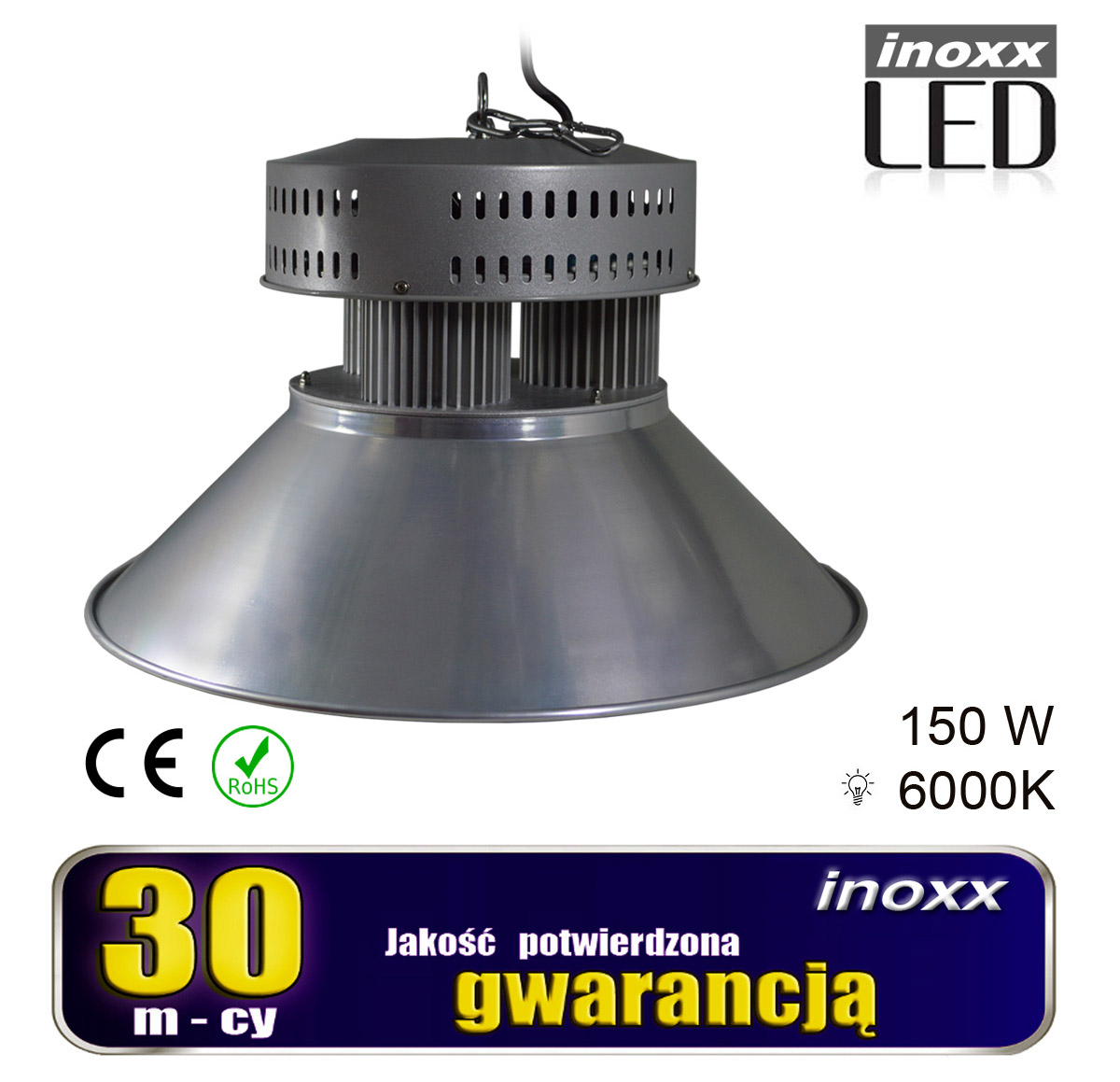 INOXX HB150W 6000K CE FS--lampa przemysłowa z trzema nowoczesnymi wysokowydajnymi diodami COBbardzo solidna, masywna i wytrzymała, odporna na uszkodzenia dzięki metalowej obudowiebardzo wydajna lampa, ma aż 13 500 lumenów i potrafi oświetlić aż 40m2bardzo łatwy montaż zawiesz