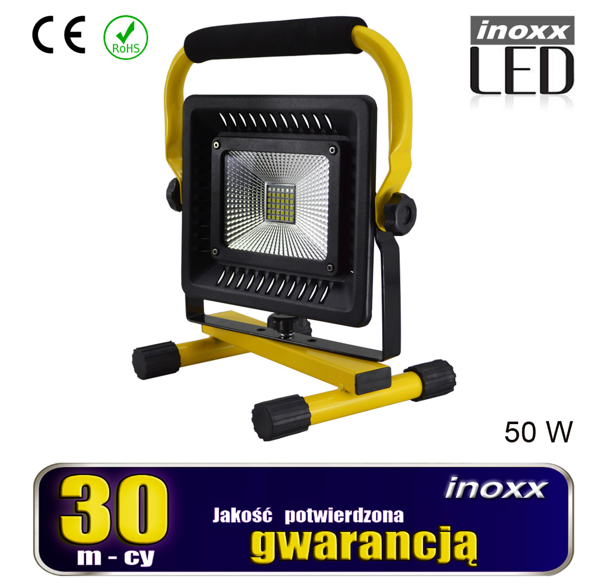 INOXX FL 50W 6000K ACU FS--diody LED SMD - nowoczesne i trwałe (do 50 000 godz.)lepsza ładowarka od konkurencyjnych - sygnalizuje naładowanie i nie przeładowuje akumulatorówmetalowy korpus i pogrubiona poliwęglanowa szybka gwarantują odporność na uszkodzeniawodoszczelny w klas