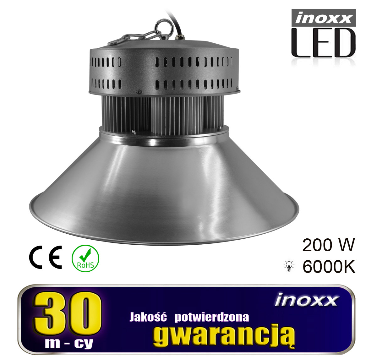 INOXX HB200W 6000K CE FS--lampa przemysłowa z czterema nowoczesnymi wysokowydajnymi diodami COBbardzo solidna, masywna i wytrzymała, odporna na uszkodzenia dzięki metalowej obudowiebardzo wydajna lampa, ma aż 18 000 lumenów i potrafi oświetlić aż 50m2bardzo łatwy montaż zawie