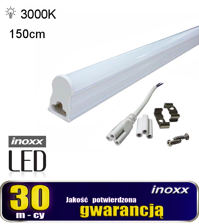 INOXX 150T5K3000 FS--świetlówka LED T5 z oprawą, to zintegrowana lampa gotowa do powieszenia na suficie lub pod szafkami możliwość łączenia wielu świetlówek w jeden strumień światła liniowego, za pomocą łącznika dodanego do zestawu bardzo prosty montaż za pomocą uchwytów