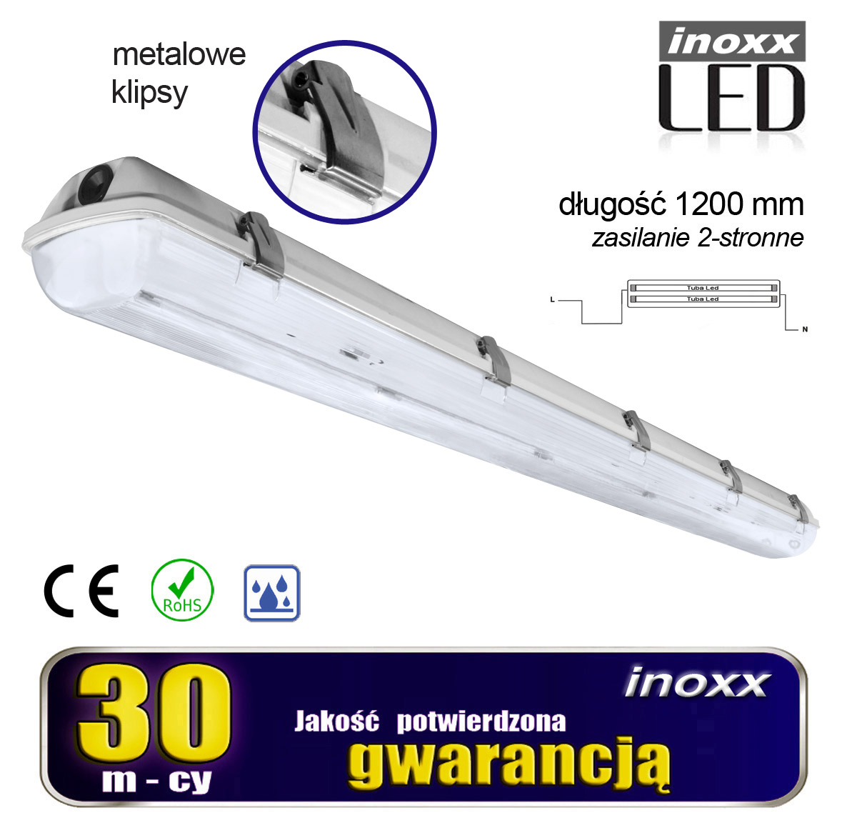 INOXX T8 FIX2 120 HERM MET FS--nowoczesna oprawa przemysłowa do montażu natynkowego dla 2. świetlówek T8 z trzonkiem G13 120cm dwustronnie zasilanychlampa hermetyczna o poziomie szczelności IP65, posiada dodatkową uszczelkę zabezpieczającą przed wilgociąsolidne wykonanie lampy poz
