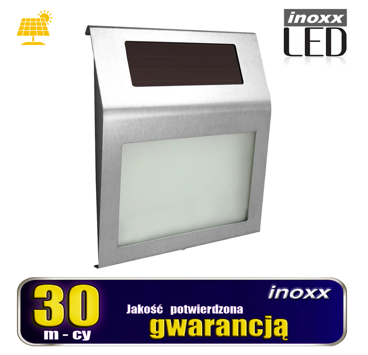INOXX DP-LED FS--lampa LED wykorzystuje energię słoneczną magazynowaną we wbudowanym wydajnym akumulatorze o pojemności 600mAh w ciągu dniapodświetlenie tablicy włącza się automatycznie po zmrokudwie diody LED zapewniają wielogodzinne działanie i doskonałą widoczność