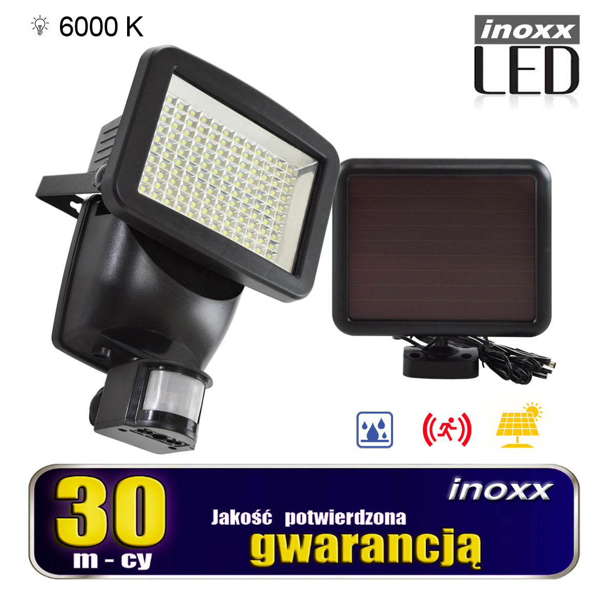 INOXX SFL120LED 6000K FS--całoroczna lampa solarna LED - typu naświetlacz/ halogen, wyposażona w czujnik ruchu i zmierzchu, zasilana promieniami słonecznymilampa wodoodporna w klasie IP44 odporna na śnieg, deszcz i mróz obudowa, ma aż 120 bardzo jasnych markowych diod LED SMD