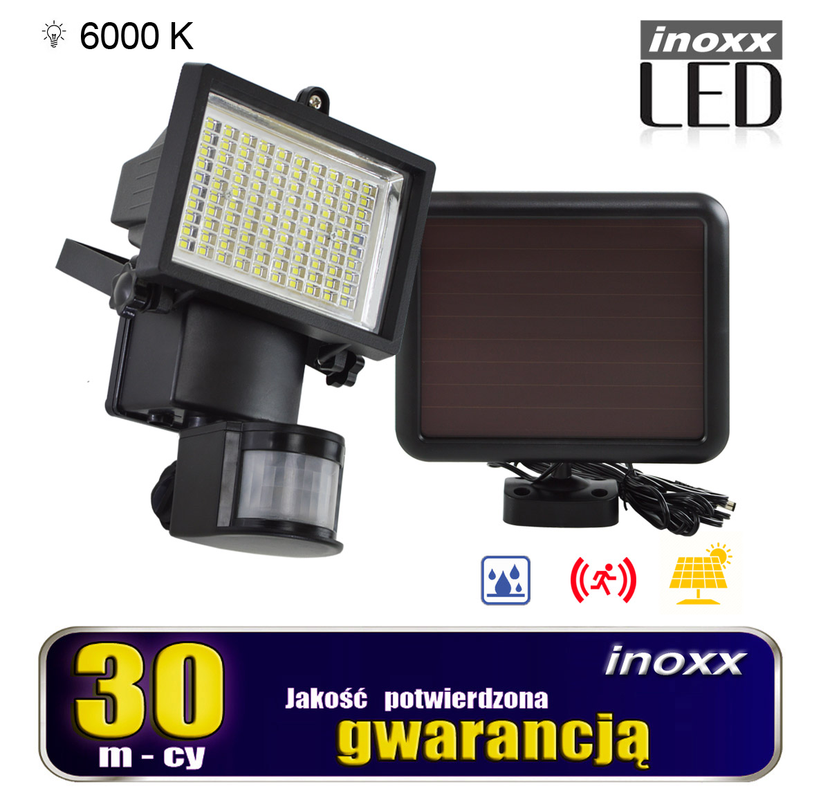 INOXX SFL100LED 6000K FS--całoroczna lampa solarna LED - typu naświetlacz/ halogen, wyposażona w czujnik ruchu i zmierzchu, zasilana promieniami słonecznymilampa wodoodporna w klasie IP44 odporna na śnieg, deszcz i mróz obudowa, ma aż 100 bardzo jasnych markowych diod LED SMD