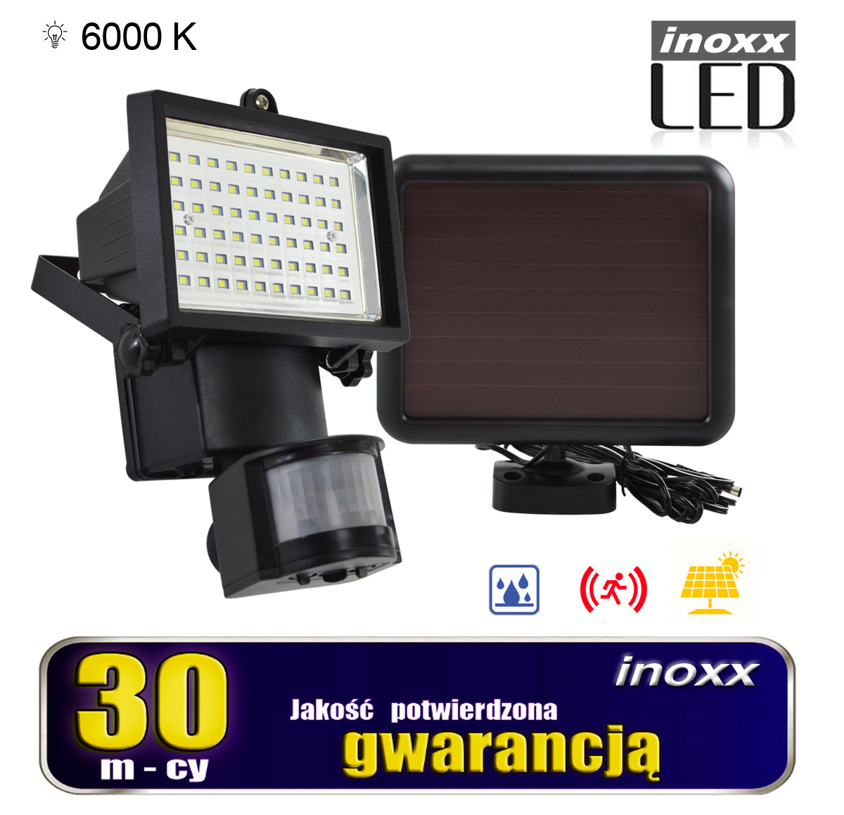 INOXX SFL60LED 6000K FS--całoroczna lampa solarna LED - typu naświetlacz/ halogen, wyposażona w czujnik ruchu i zmierzchu, zasilana promieniami słonecznymilampa wodoodporna w klasie IP44 odporna na śnieg, deszcz i mróz obudowa, ma aż 60 bardzo jasnych markowych diod LED SMD 