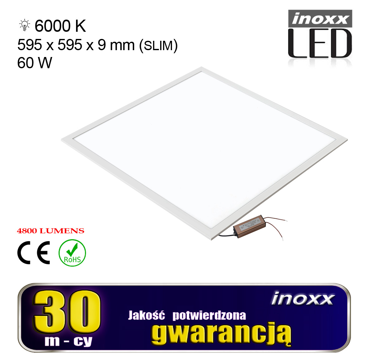 INOXX PAN60W60 6000K FS--nowoczesny panel ledowy typu slim w białej ramce, do zabudowy podtynkowejrównomiernie rozprasza światło na całej powierzchni (brak ciemnych punktów i widocznych diod)bardzo łatwy montaż i podłączenie (zasilacz i okablowanie na wtyk w zestawie)współpr