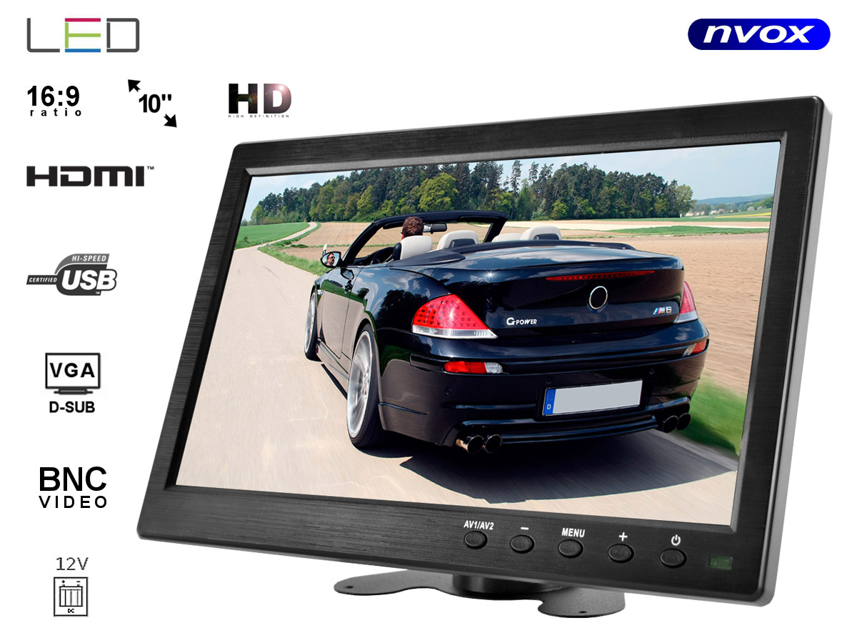 NVOX HM1011VHB--- markowa matryca Digital LCD Hi-Contrast o podwyższonej jasności, kontraście oraz ostrości- SUPER SLIM - najcieńszy monitor na rynku- obsługa dwóch źródeł obrazu AV1/AV2- wejście HDMI- wejście VGA- po podaniu napięcia - włączenie w ostatni odtwarzan