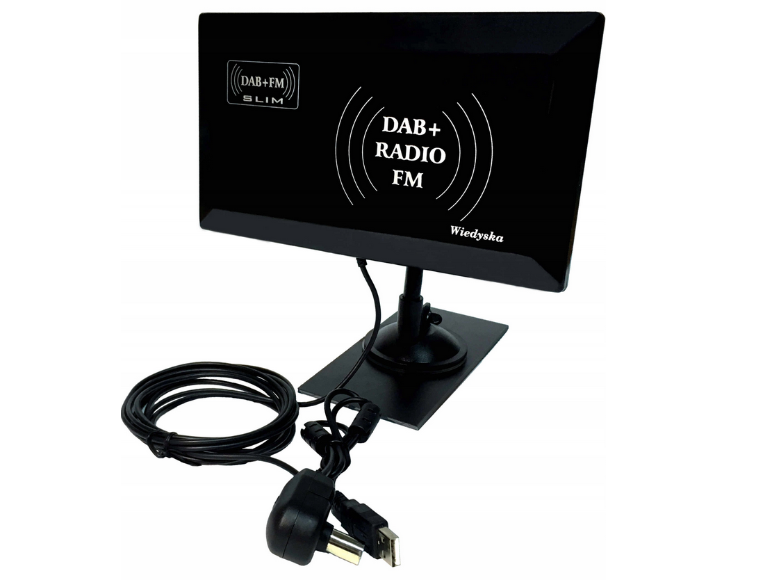 Antena radiowa DAB+FM SLIM--Radiowa antena pokojowo - zewnętrzna DAB+FM SLIMprzeznaczona do odbioru naziemnego sygnału radiowego (FM) oraz naziemnego radiowego sygnału cyfrowego (DAB+)płaska antena (odbiór sygnału z polaryzacją pionową lub poziomą)kontrolka zasilania LEDmożliwo